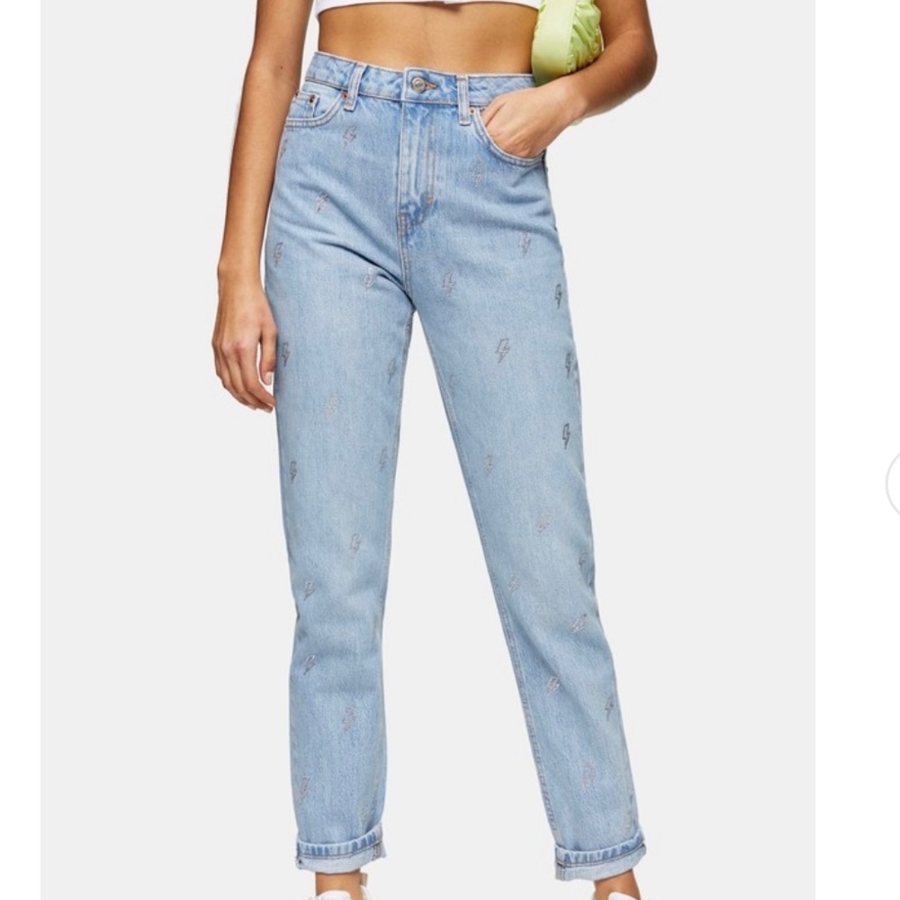 Topshop CONSIDERED Bleach Diamante Lightning Bolt Mom Tapered Jeans